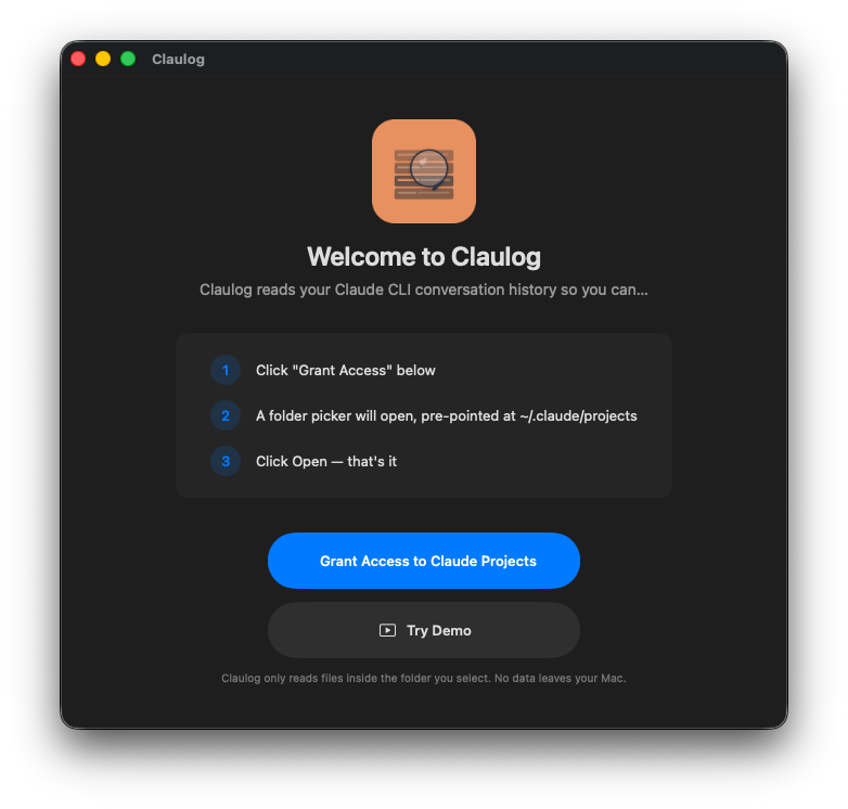 Claulog welcome screen with three-step setup process