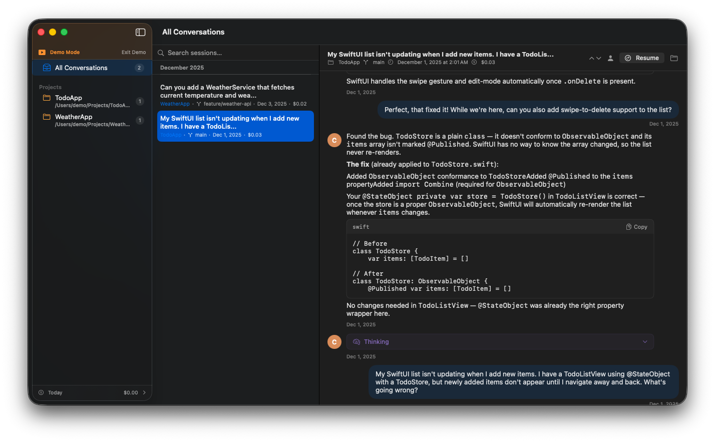 Claulog main interface showing conversation history organised by project